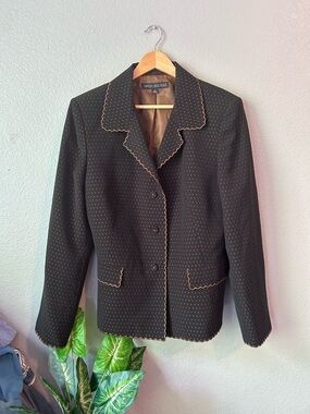 Nipon Boutique Black Blazer with Tan Scalloped Trim